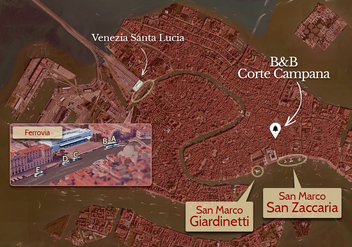 Map of train station location and vaporetto dock in Venice